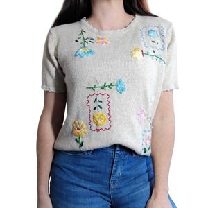 Vintage Salon Studio‎ Floral Knit Top Cream Womens Medium Granny Cottagecore